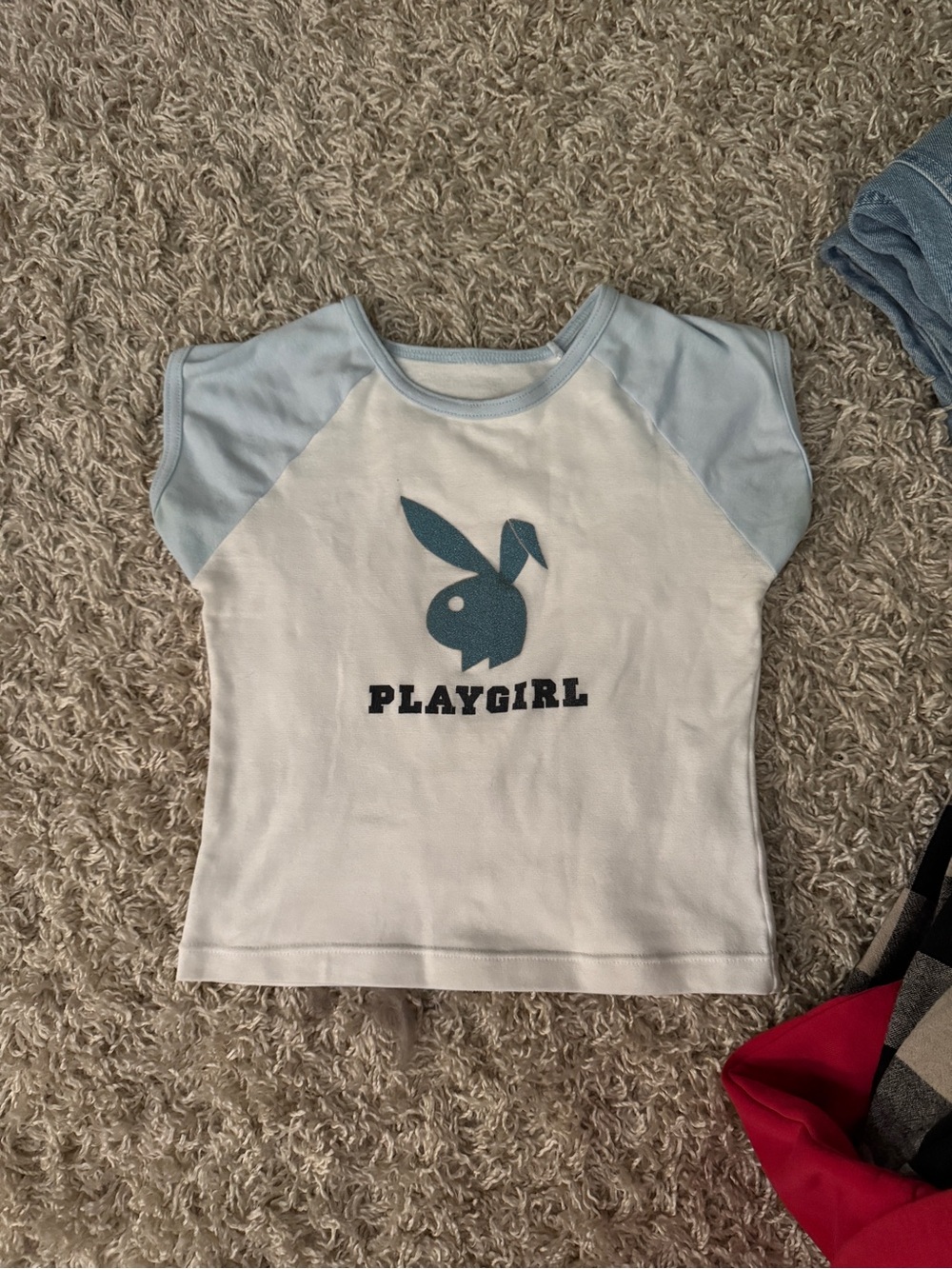 Short Sleeve Playgirl Tee in Light Blue and White